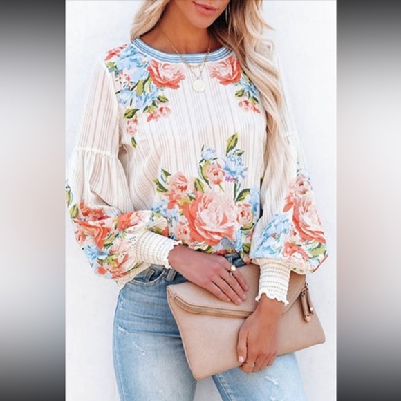 White Striped Floral Print Smocked Lantern Long Sleeve Blouse - Picture 1 of 3